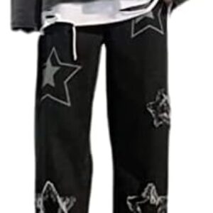 Vintage Men’s Korean Denim Pants Y2K Cltohes Streetwear Printed Patchwork Male Baggy Jeans Straight Trousers