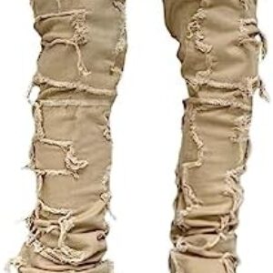 BEINOSE Mens Stacked Jeans Ripped Slim Fit Jeans Destroyed Straight Skinny Stretch Denim Pants Hip Hop Streetwear Trouser