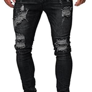 HUNGSON Men’s Blue Slim Fit Jeans Stretch Destroyed Ripped Skinny Jeans Side Striped Denim Pants