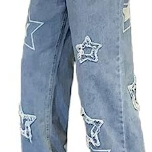 Y2k Jeans Men Aesthetic Blue Baggy Jeans Goth Vintage Street Loose Fit Star Graphic Pants Straight Trousers