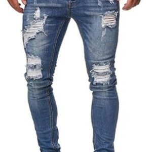 HUNGSON Men’s Blue Slim Fit Jeans Stretch Destroyed Ripped Skinny Jeans Side Striped Denim Pants