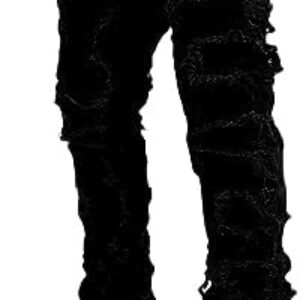 CAIAQAZY Stacked Jeans Mens Ripped Jeans Distressed Patchwork Straight Leg Y2k Skinny Denim Pants Hip Hop Slim Fit Trousers