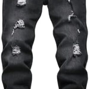 JUNBAOSS Men’s Biker Zipper Deco Washed Straight Fit Jeans Mens Slim Fit Jeans Ripped Jeans for Men Distressed Destroyed Stretch Skinny Jeans Elastic Denim Pants Trousers, Black 7801, Size 36