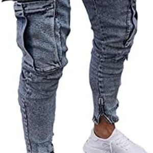 HGOOGY Mens Jeans Slim Fit Ripped Denim Pants with Multi-Pockets Fashion Casual Solid Denim Cotton Trousers